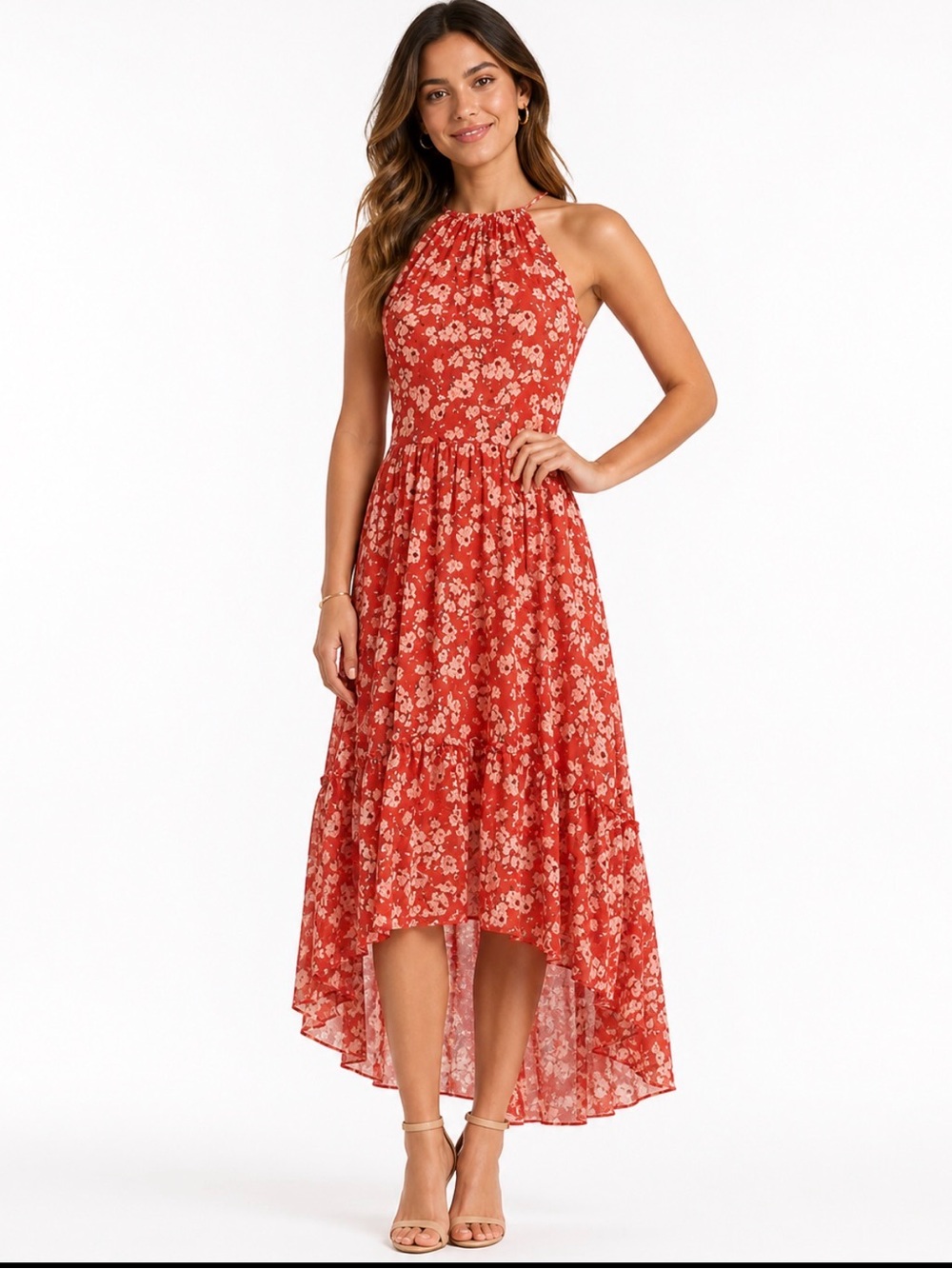 Eliza J Red and White Floral High-Low Halter Dress 10
